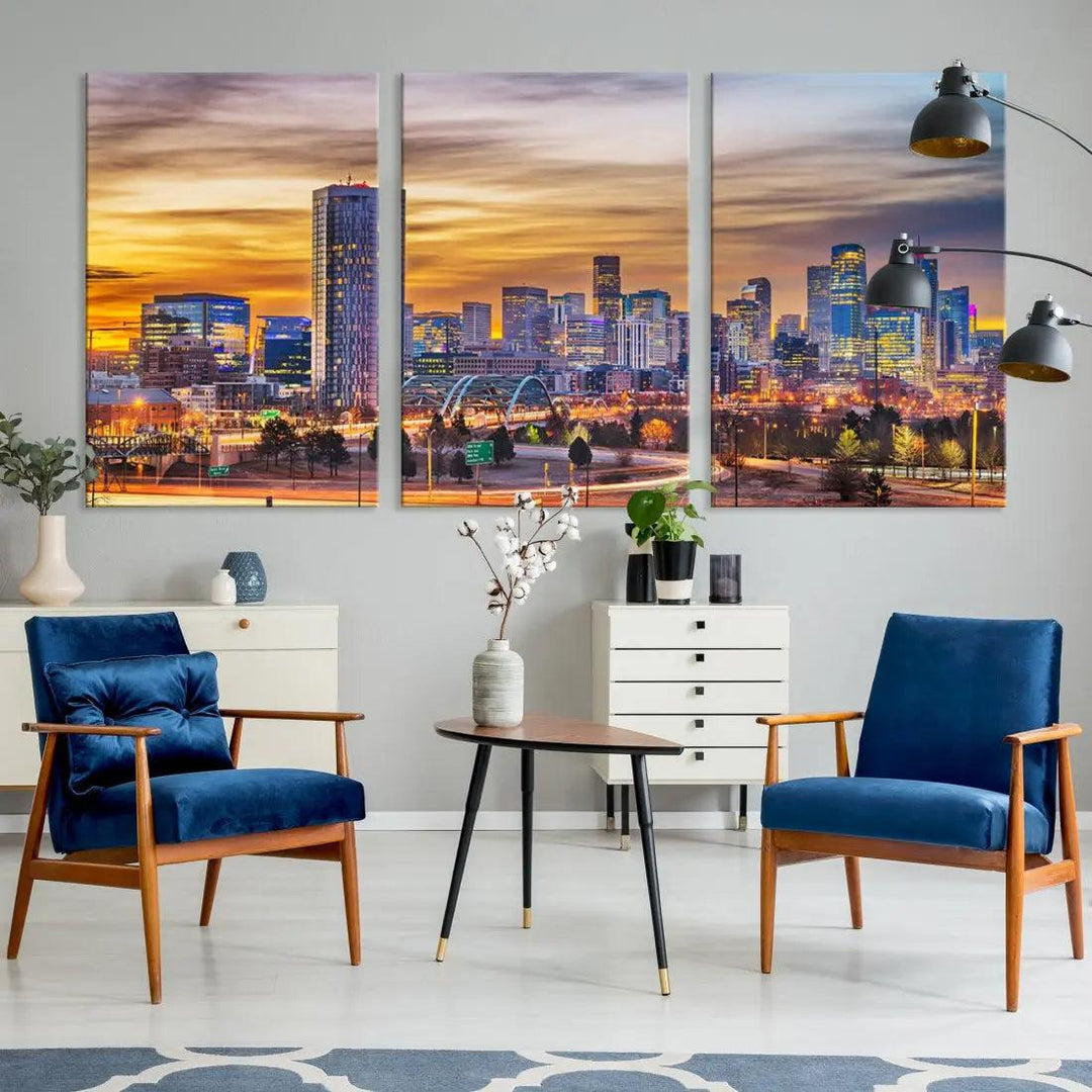 Extra Large Denver Cityscape Canvas Print Sunset Wall Art Framed