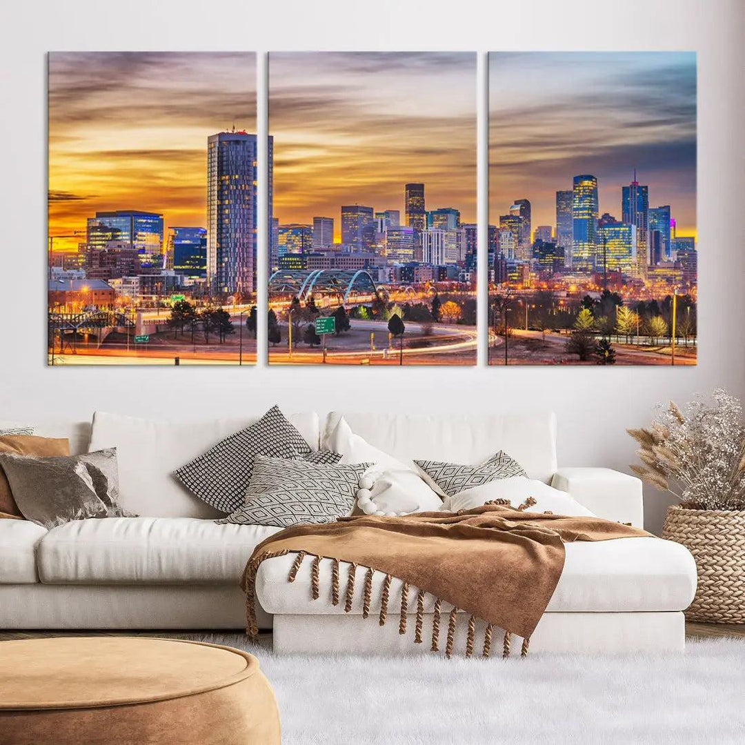 Extra Large Denver Cityscape Canvas Print Sunset Wall Art Framed