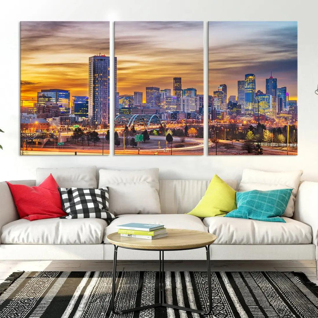 Extra Large Denver Cityscape Canvas Print Sunset Wall Art Framed