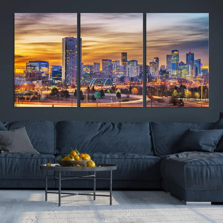 Extra Large Denver Cityscape Canvas Print Sunset Wall Art Framed