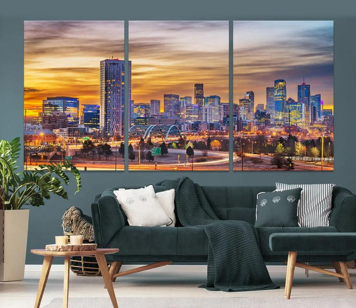 Extra Large Denver Cityscape Canvas Print Sunset Wall Art Framed