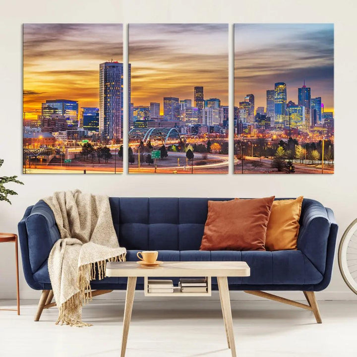 Extra Large Denver Cityscape Canvas Print Sunset Wall Art Framed