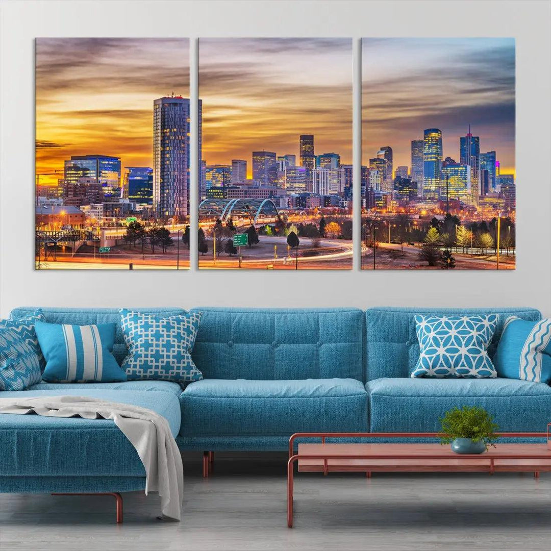 Extra Large Denver Cityscape Canvas Print Sunset Wall Art Framed