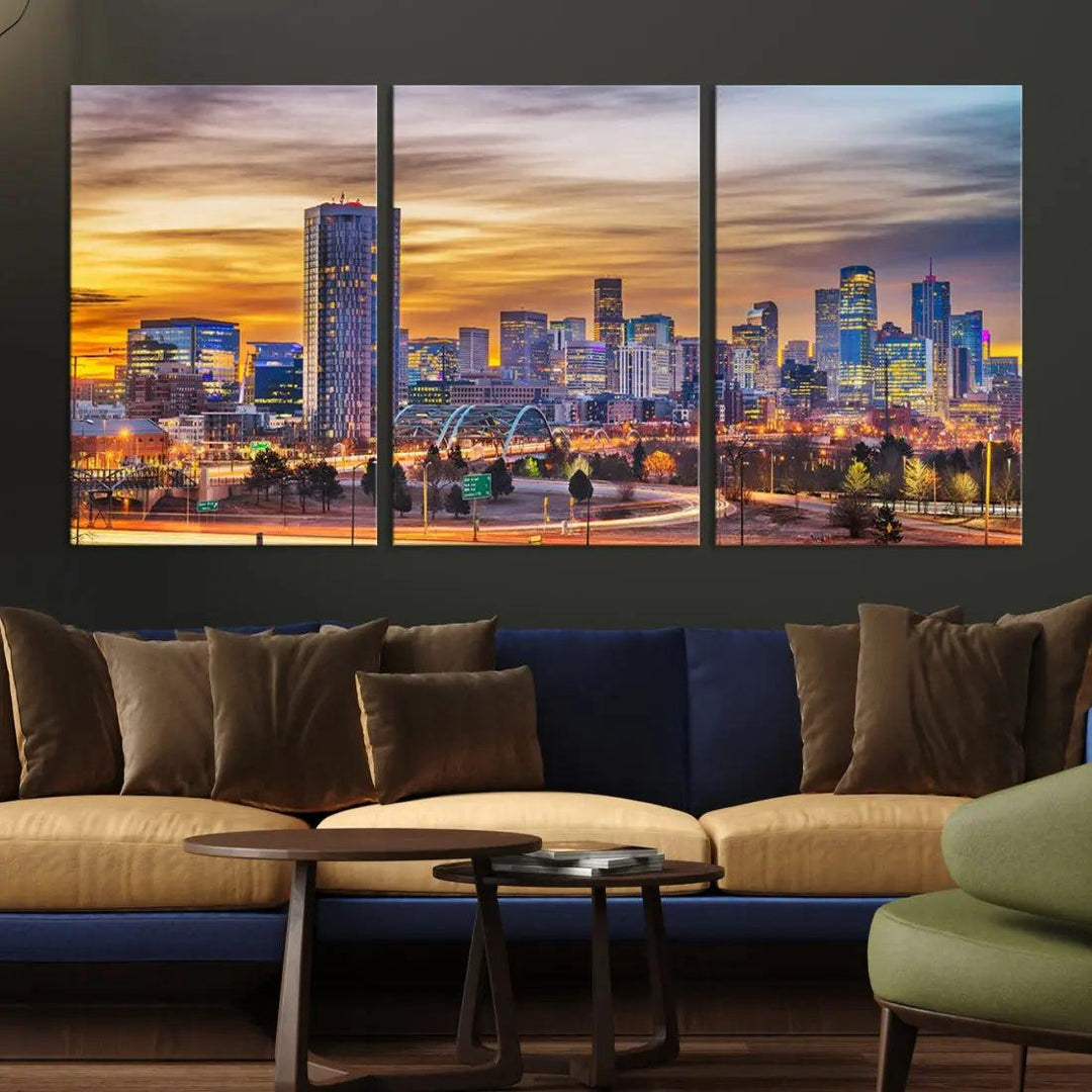 Extra Large Denver Cityscape Canvas Print Sunset Wall Art Framed