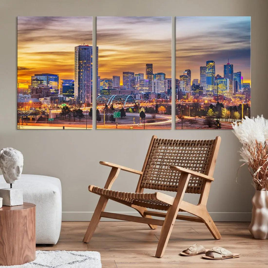 Extra Large Denver Cityscape Canvas Print Sunset Wall Art Framed