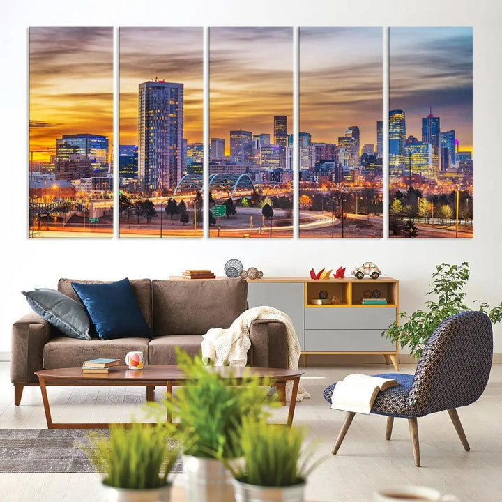 Extra Large Denver Cityscape Canvas Print Sunset Wall Art Framed