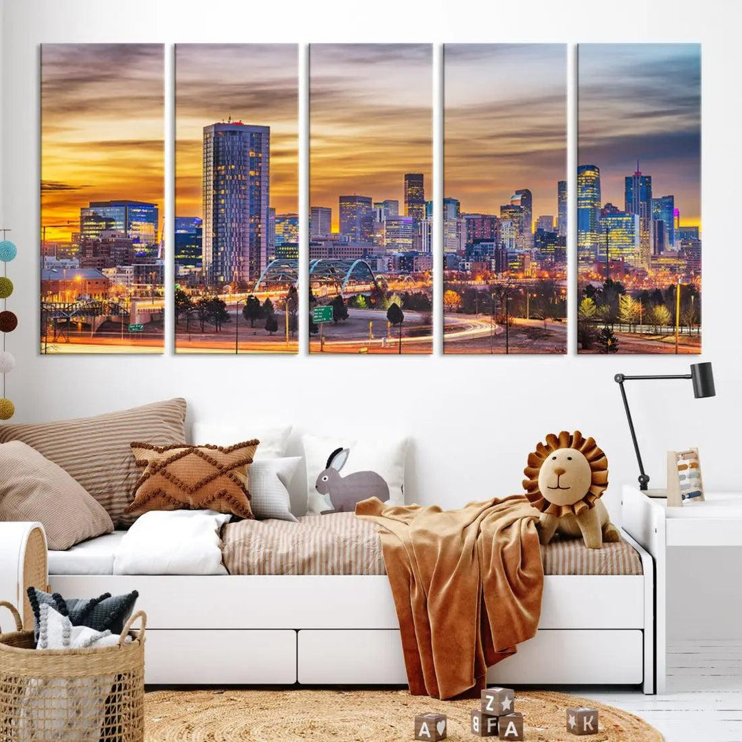 Extra Large Denver Cityscape Canvas Print Sunset Wall Art Framed