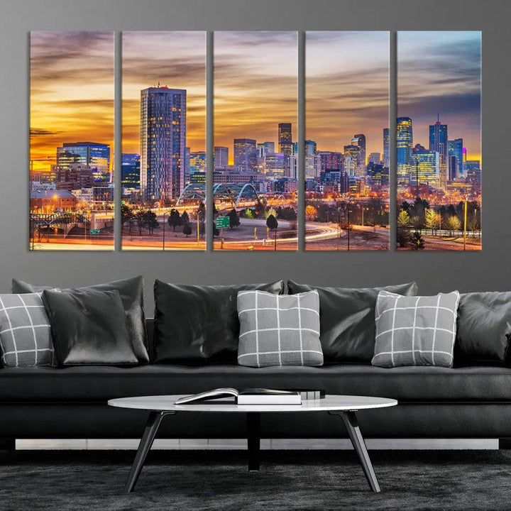 Extra Large Denver Cityscape Canvas Print Sunset Wall Art Framed