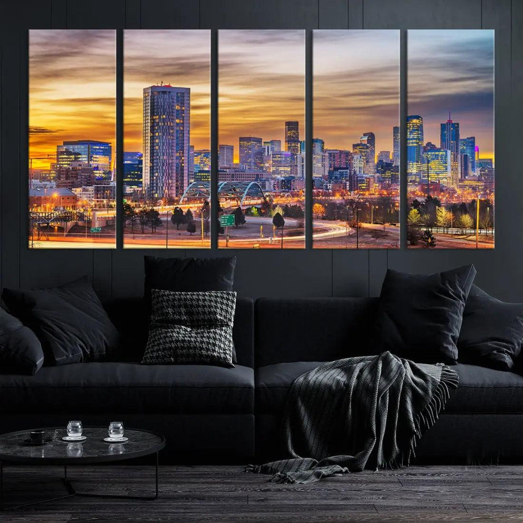 Extra Large Denver Cityscape Canvas Print Sunset Wall Art Framed