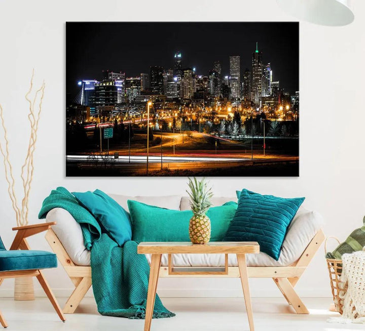 Extra Large Denver Downtown Skyline Framed Wall Art Canvas Print