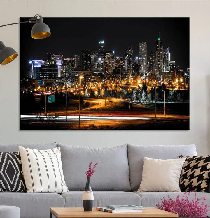 Extra Large Denver Downtown Skyline Framed Wall Art Canvas Print