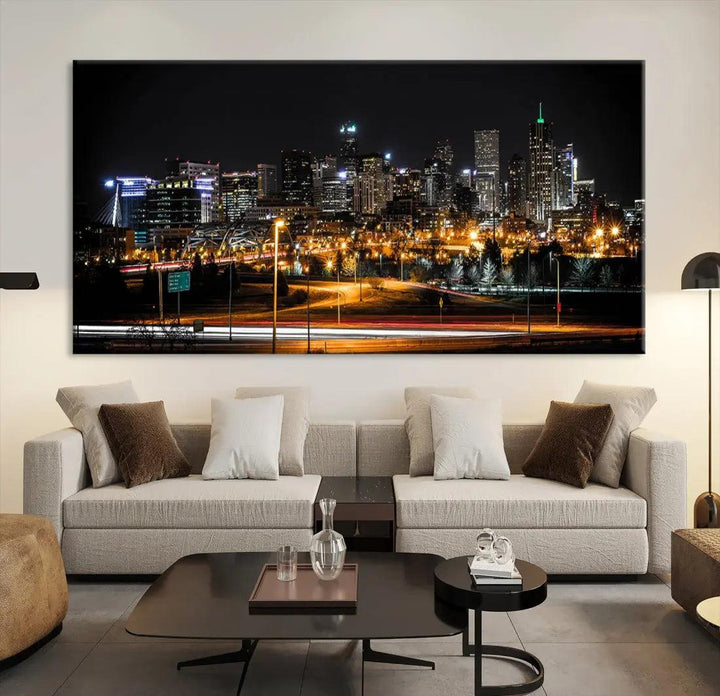 Extra Large Denver Downtown Skyline Framed Wall Art Canvas Print