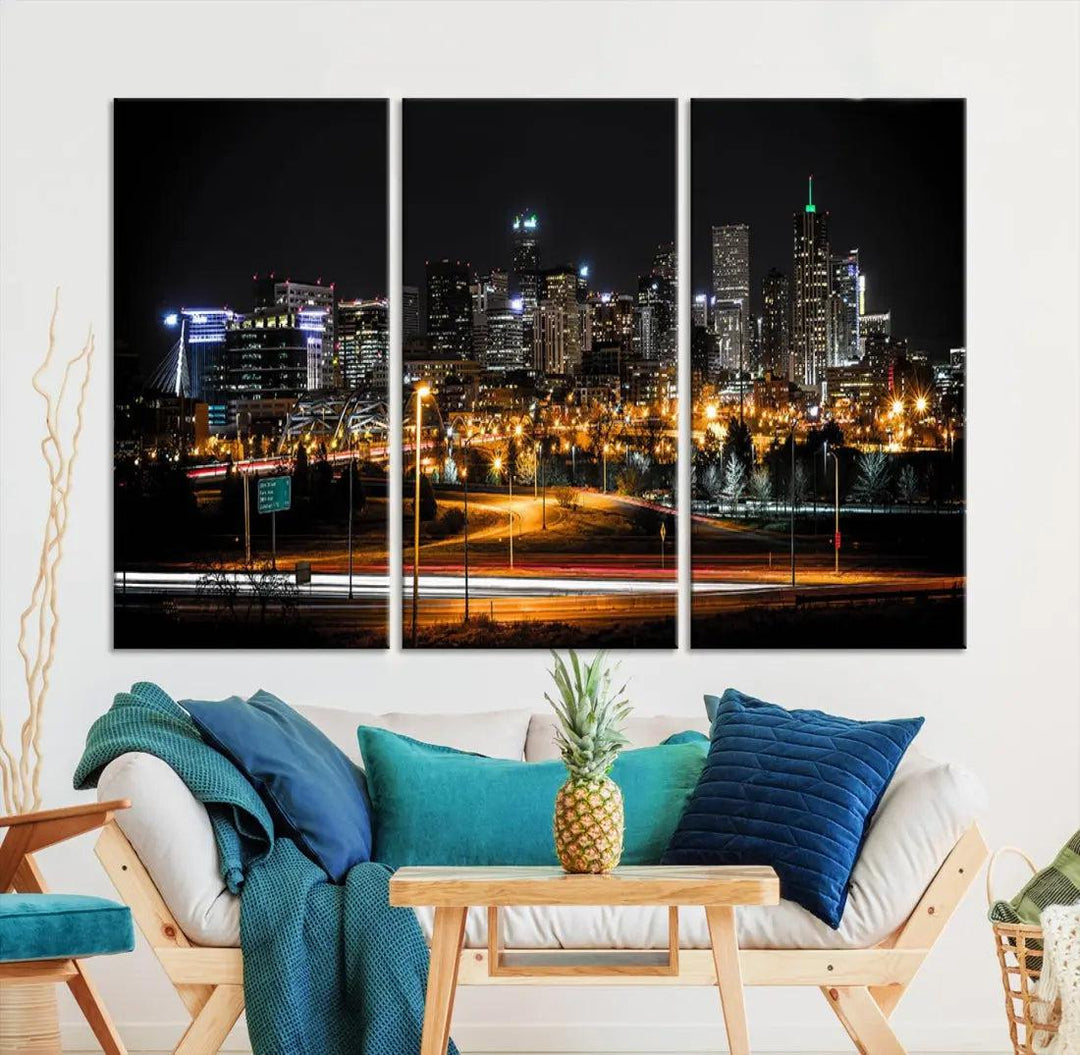 Extra Large Denver Downtown Skyline Framed Wall Art Canvas Print