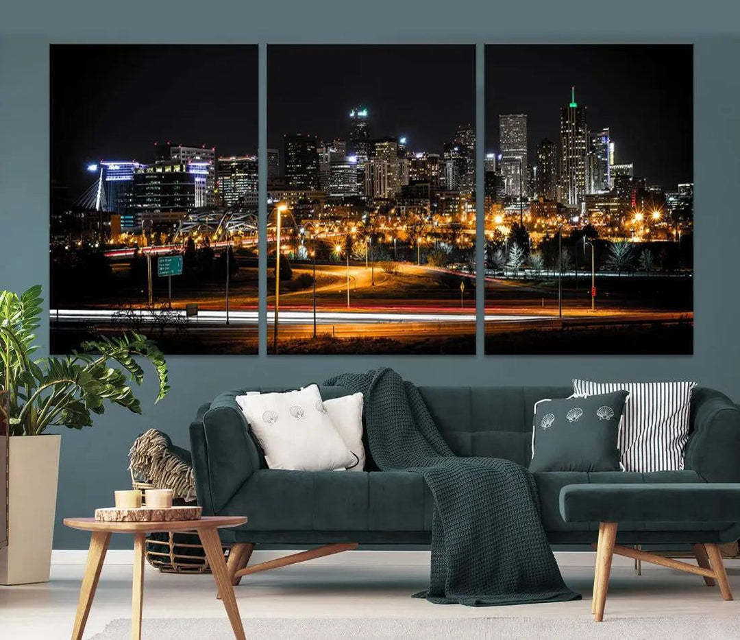 Extra Large Denver Downtown Skyline Framed Wall Art Canvas Print