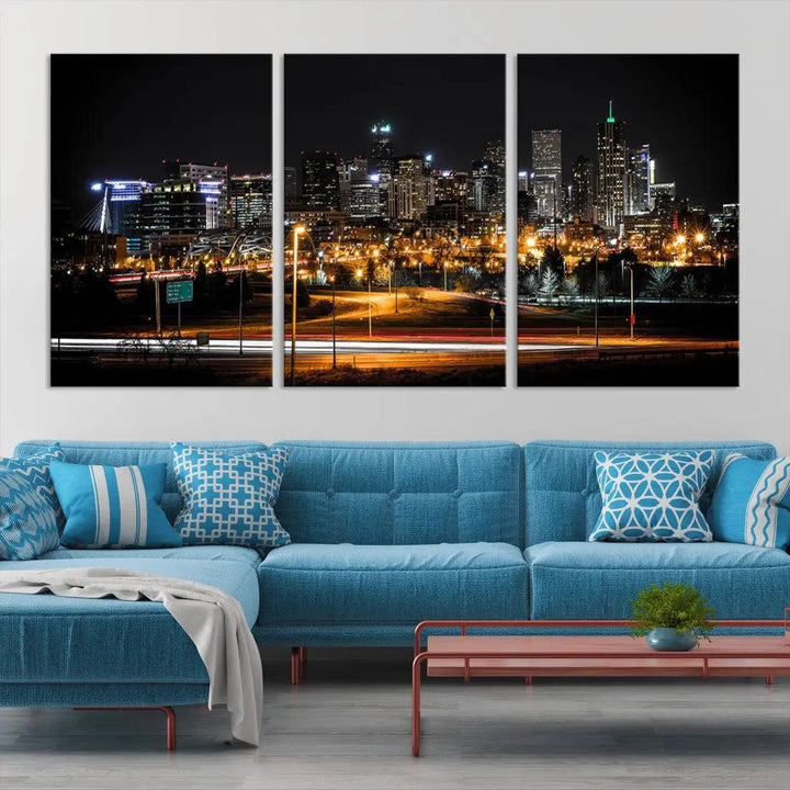 Extra Large Denver Downtown Skyline Framed Wall Art Canvas Print