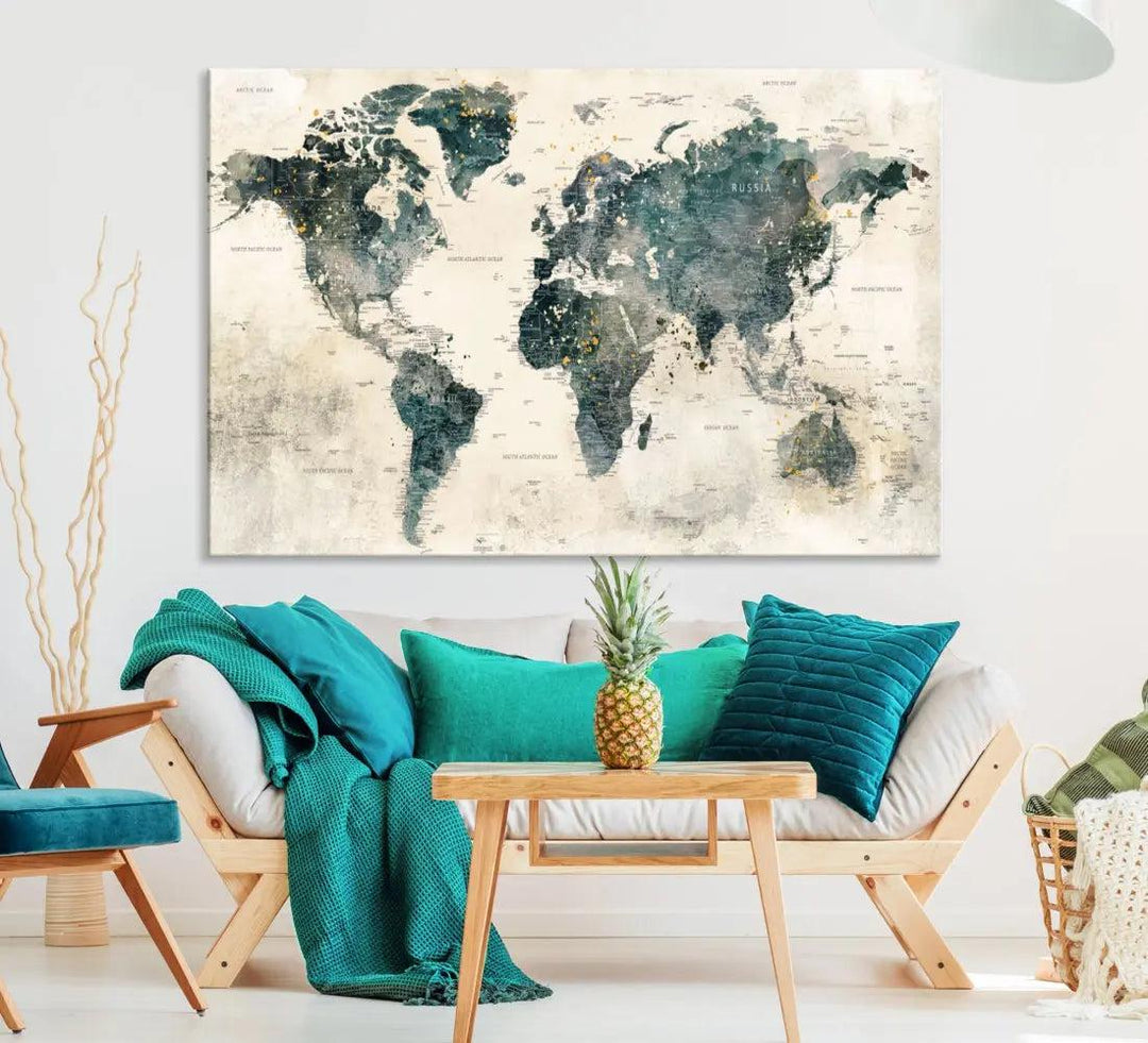 Extra Large Detailed World Map Wall Art Print on Canvas Travel Map