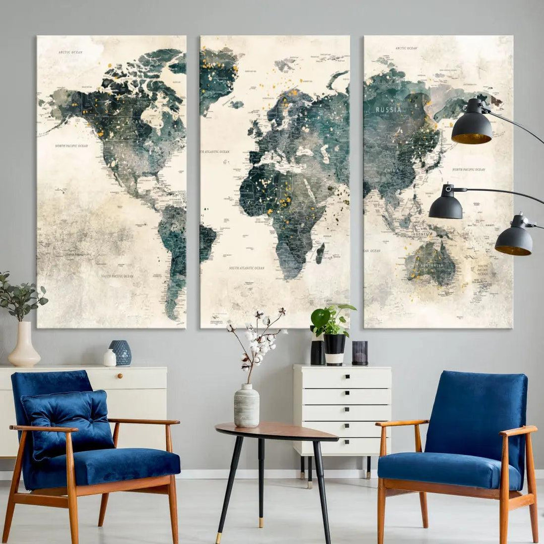 Extra Large Detailed World Map Wall Art Print on Canvas Travel Map