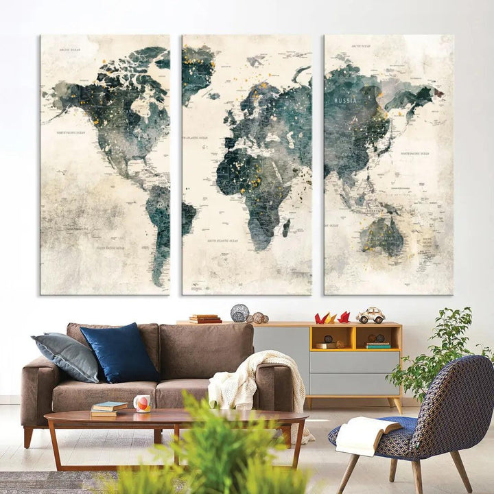 Extra Large Detailed World Map Wall Art Print on Canvas Travel Map