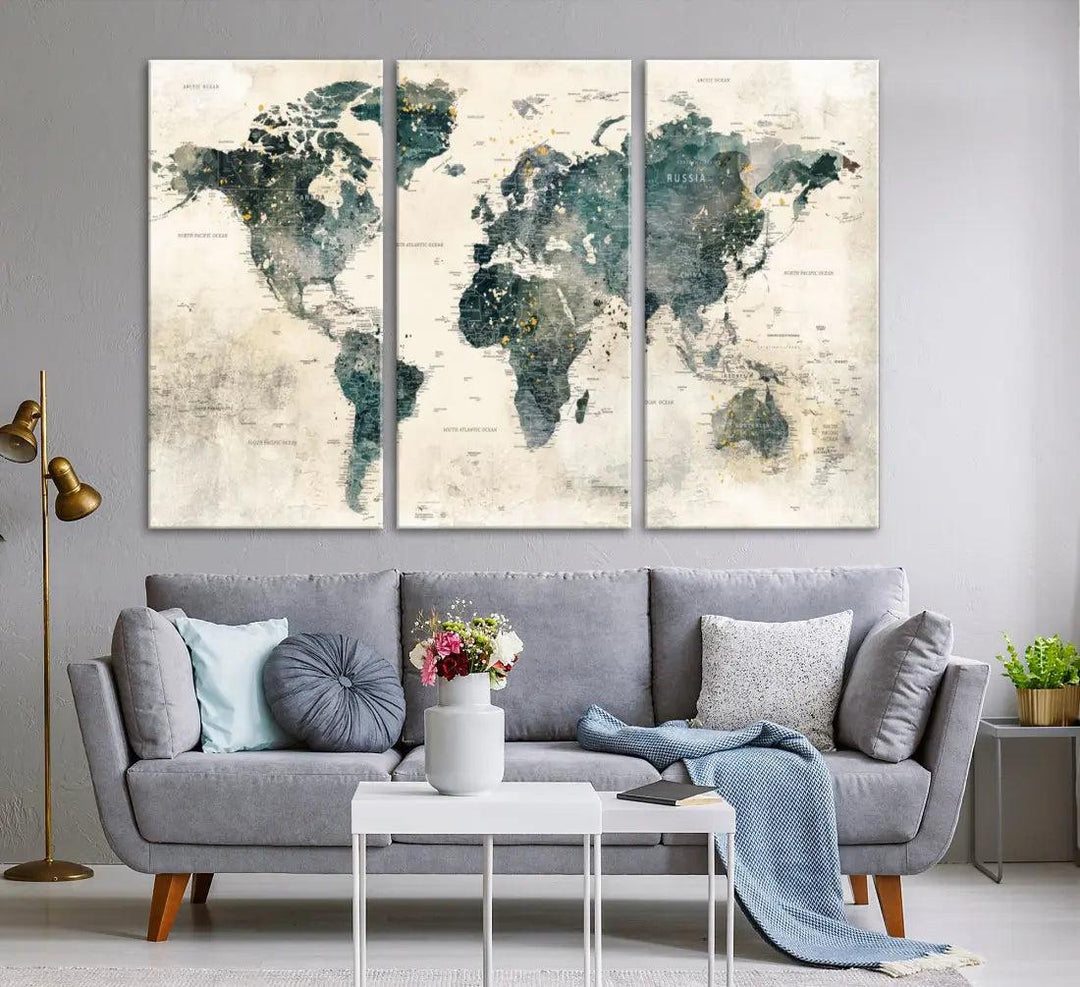 Extra Large Detailed World Map Wall Art Print on Canvas Travel Map