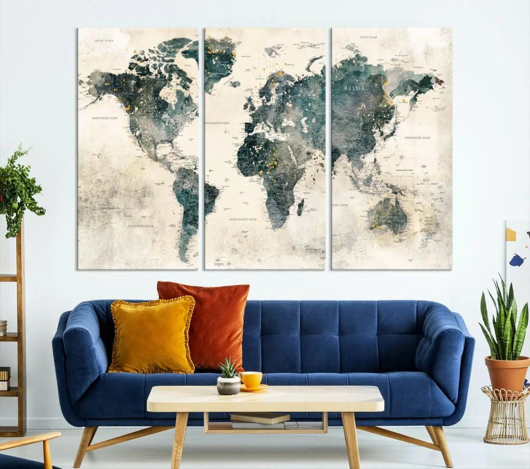 Extra Large Detailed World Map Wall Art Print on Canvas Travel Map