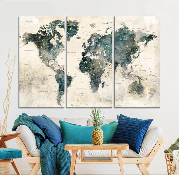 Extra Large Detailed World Map Wall Art Print on Canvas Travel Map