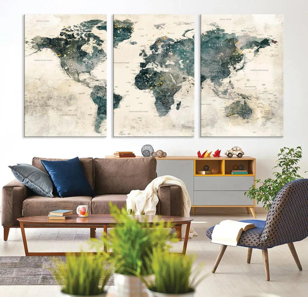 Extra Large Detailed World Map Wall Art Print on Canvas Travel Map