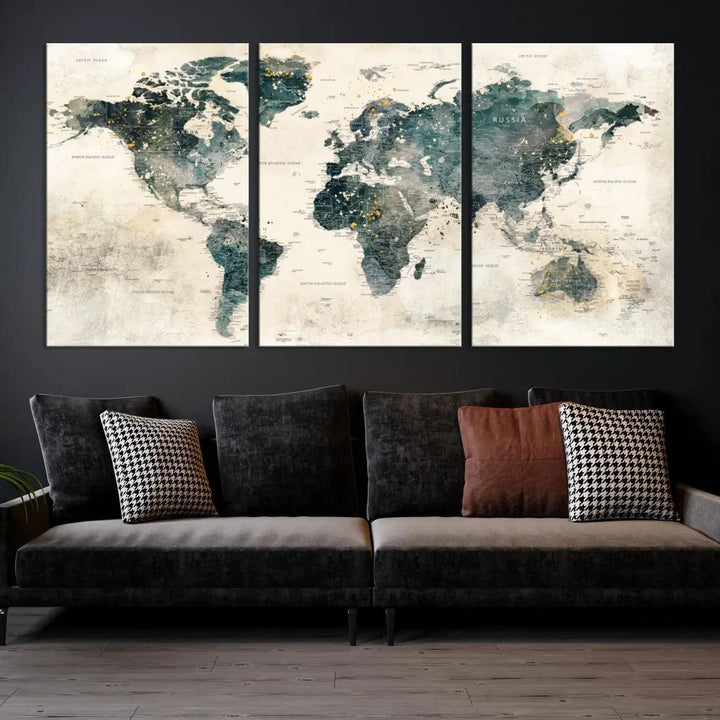 Extra Large Detailed World Map Wall Art Print on Canvas Travel Map