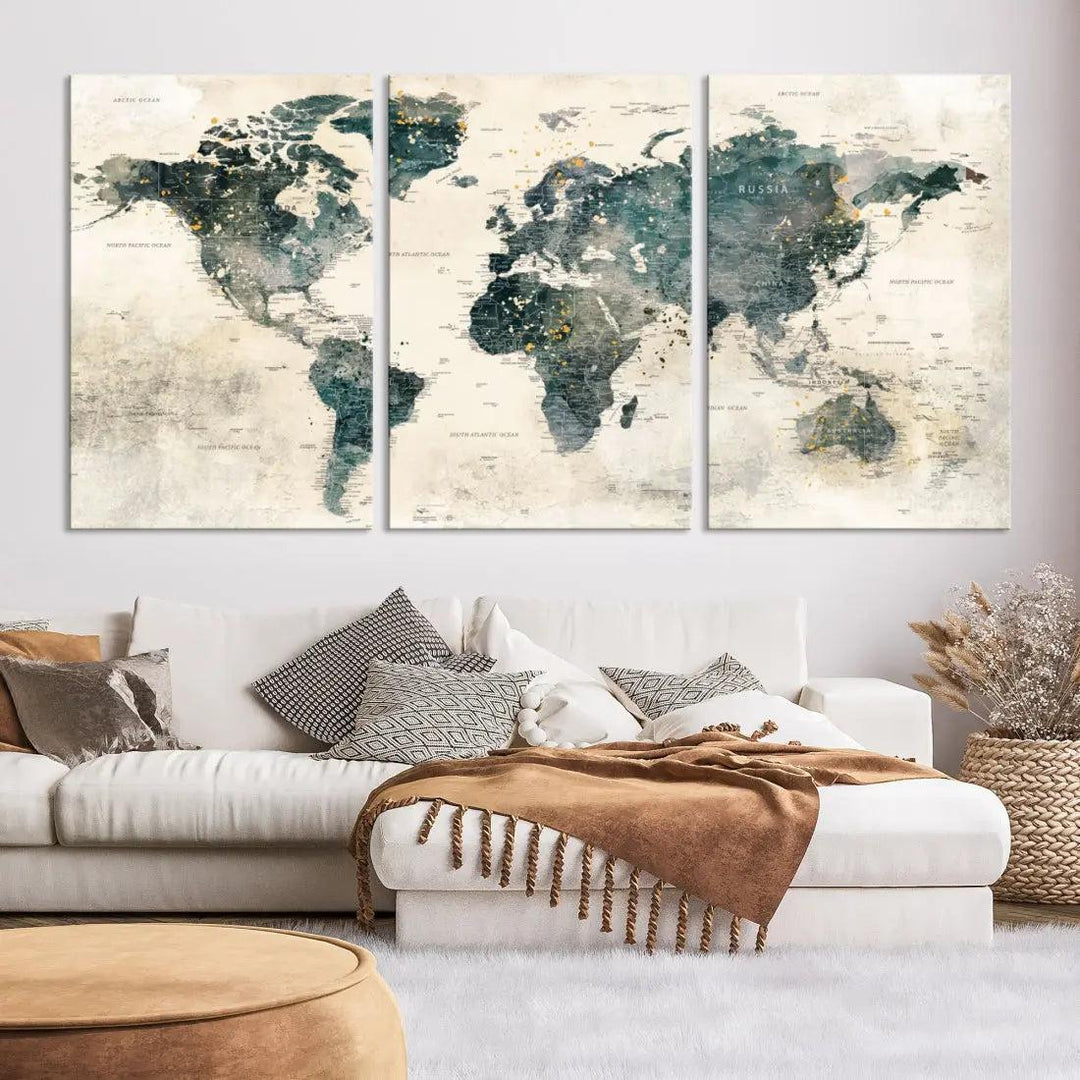 Extra Large Detailed World Map Wall Art Print on Canvas Travel Map