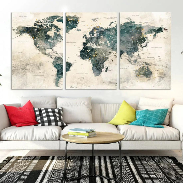 Extra Large Detailed World Map Wall Art Print on Canvas Travel Map