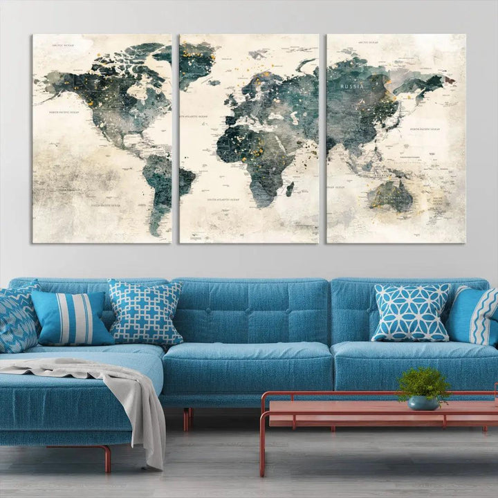 Extra Large Detailed World Map Wall Art Print on Canvas Travel Map