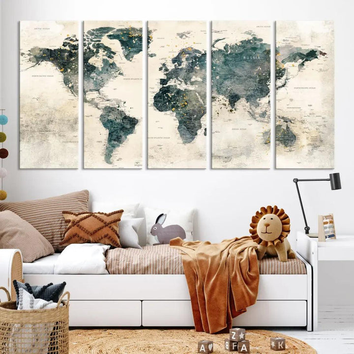 Extra Large Detailed World Map Wall Art Print on Canvas Travel Map