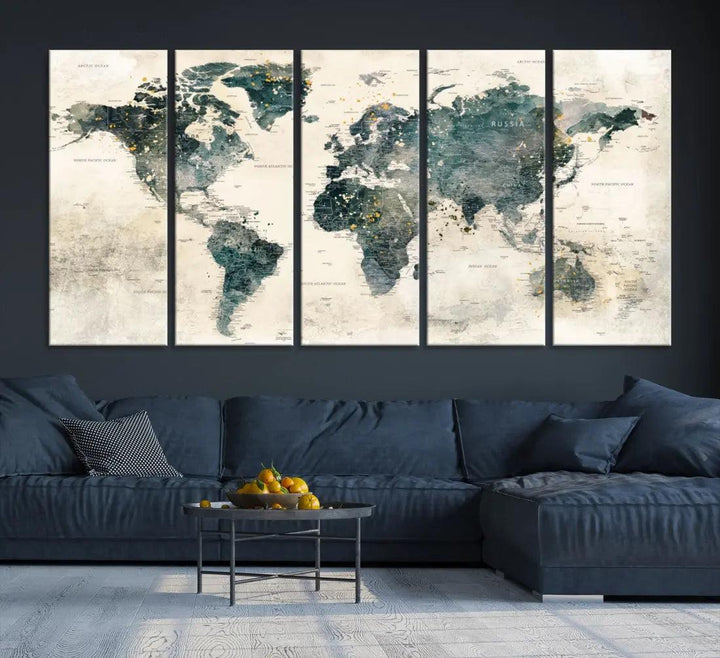 Extra Large Detailed World Map Wall Art Print on Canvas Travel Map