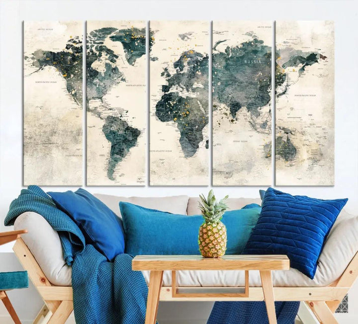 Extra Large Detailed World Map Wall Art Print on Canvas Travel Map