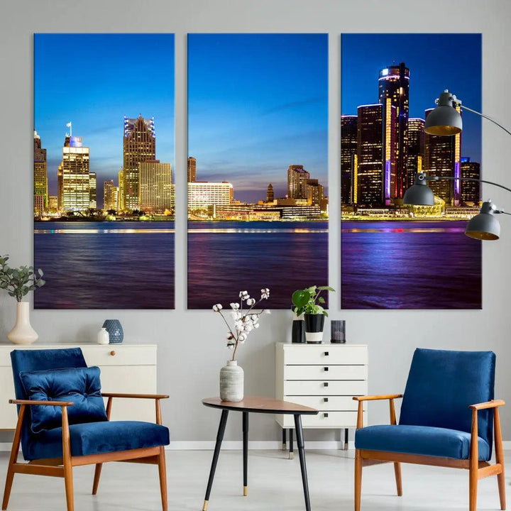 Extra Large Detroit Downtown Night Blue Skyline Canvas Wall Art Cityscape Print