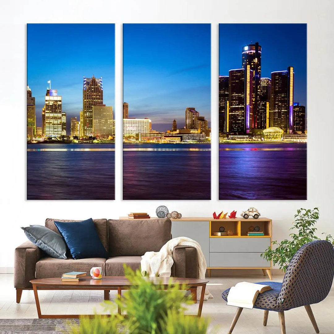 Extra Large Detroit Downtown Night Blue Skyline Canvas Wall Art Cityscape Print