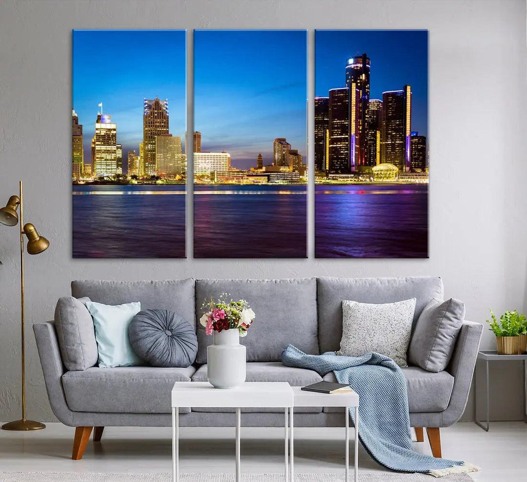 Extra Large Detroit Downtown Night Blue Skyline Canvas Wall Art Cityscape Print