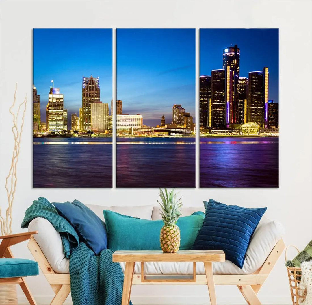 Extra Large Detroit Downtown Night Blue Skyline Canvas Wall Art Cityscape Print