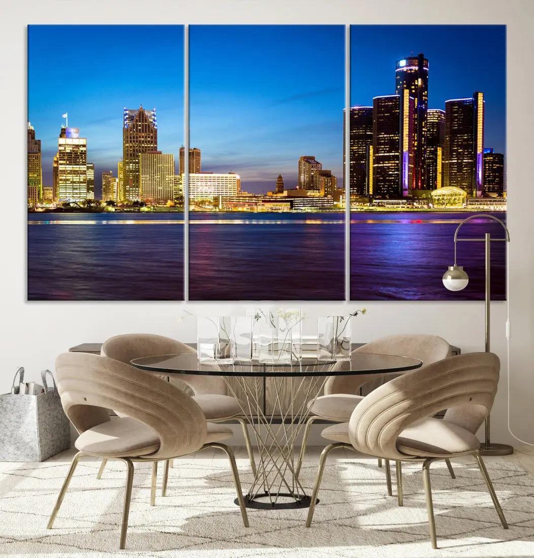 Extra Large Detroit Downtown Night Blue Skyline Canvas Wall Art Cityscape Print