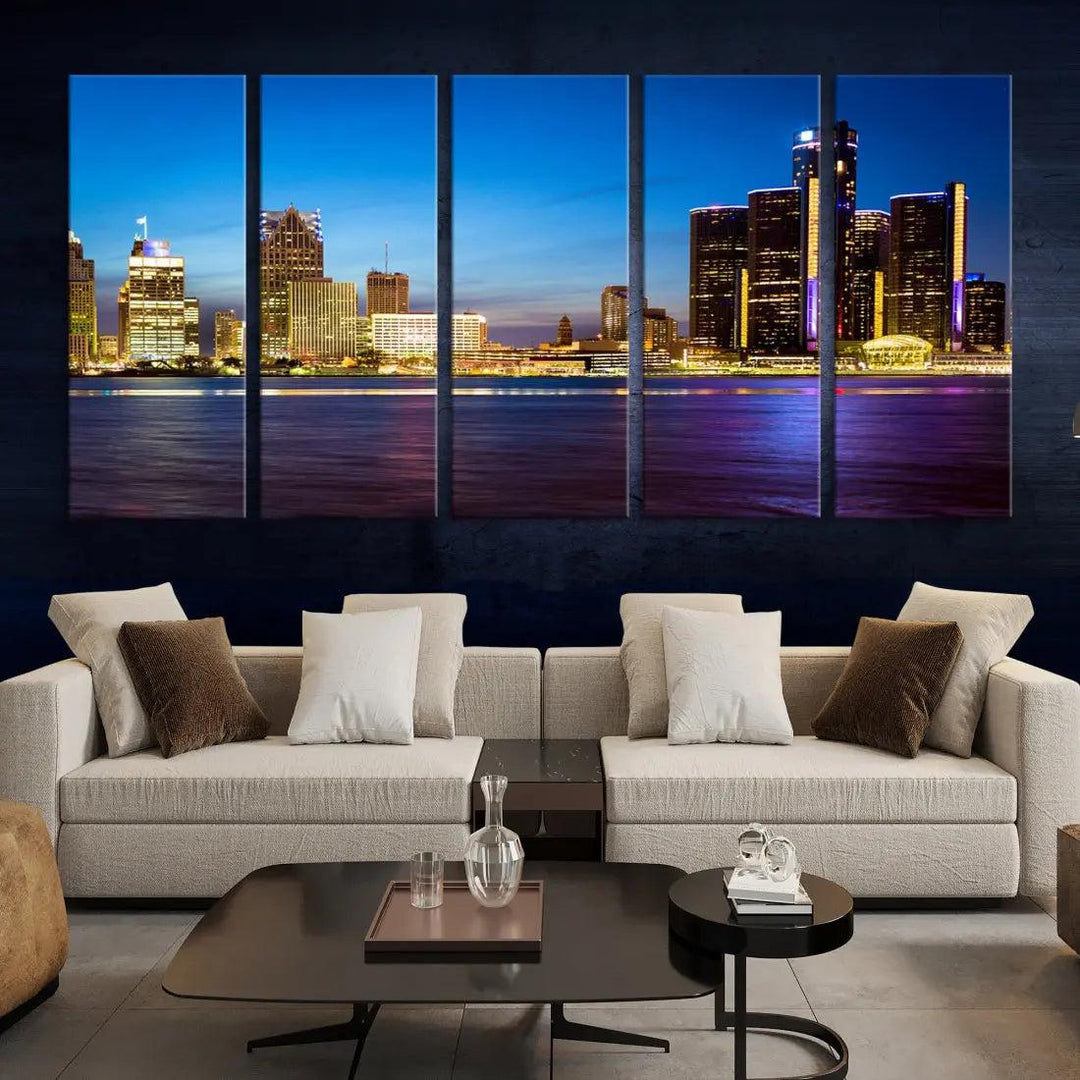 Extra Large Detroit Downtown Night Blue Skyline Canvas Wall Art Cityscape Print