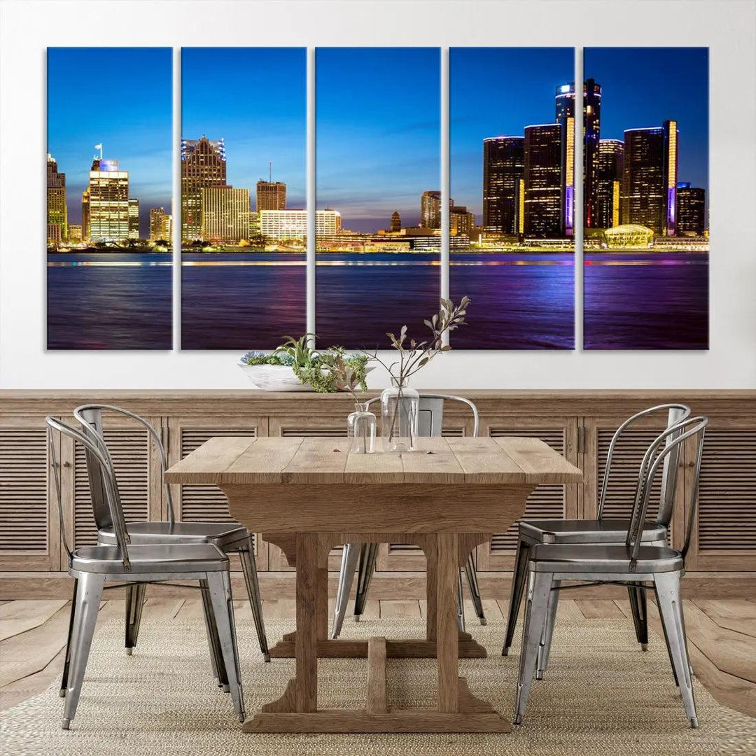 Extra Large Detroit Downtown Night Blue Skyline Canvas Wall Art Cityscape Print