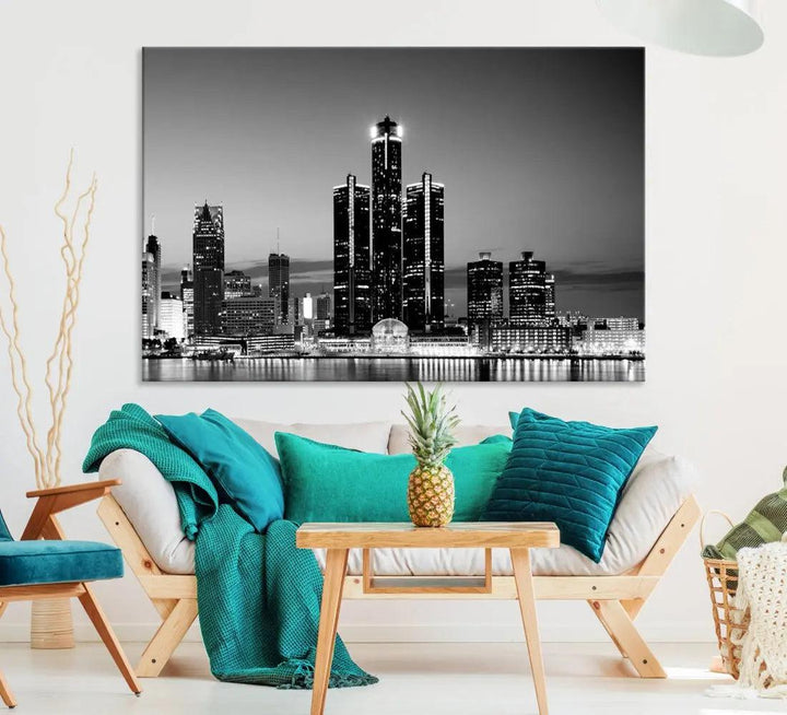 Extra Large Detroit Skyline Black and White Cityscape Wall Art Canvas Print