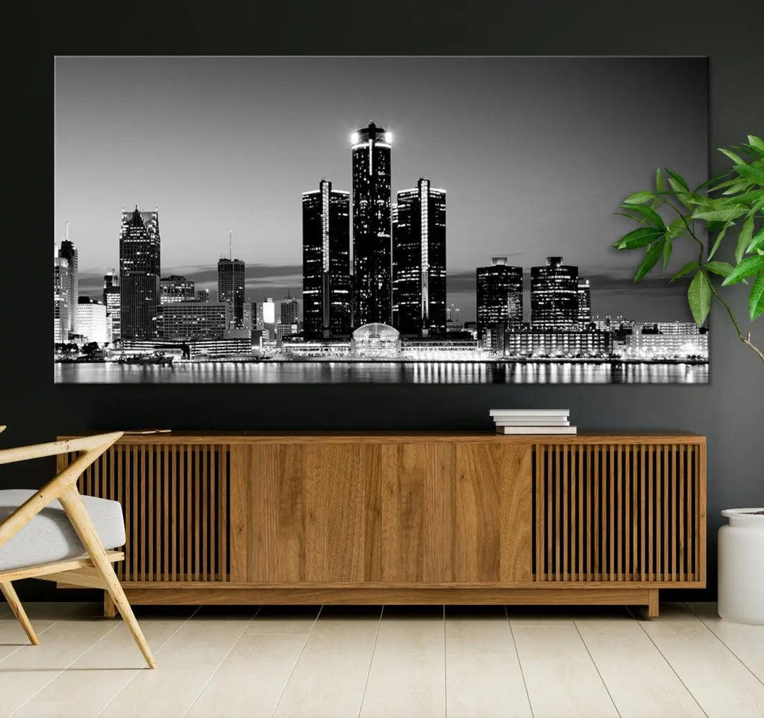 Extra Large Detroit Skyline Black and White Cityscape Wall Art Canvas Print