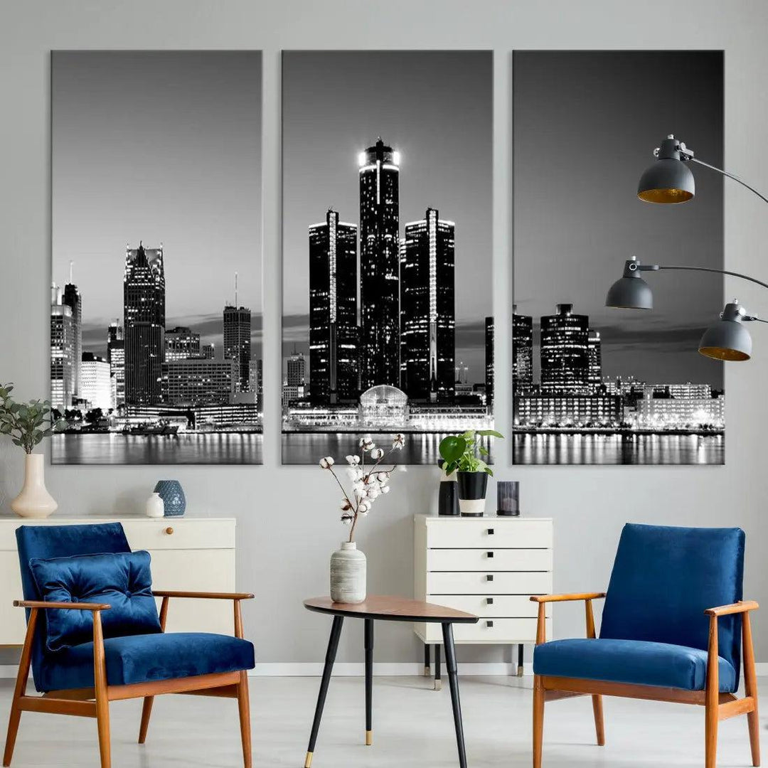 Extra Large Detroit Skyline Black and White Cityscape Wall Art Canvas Print