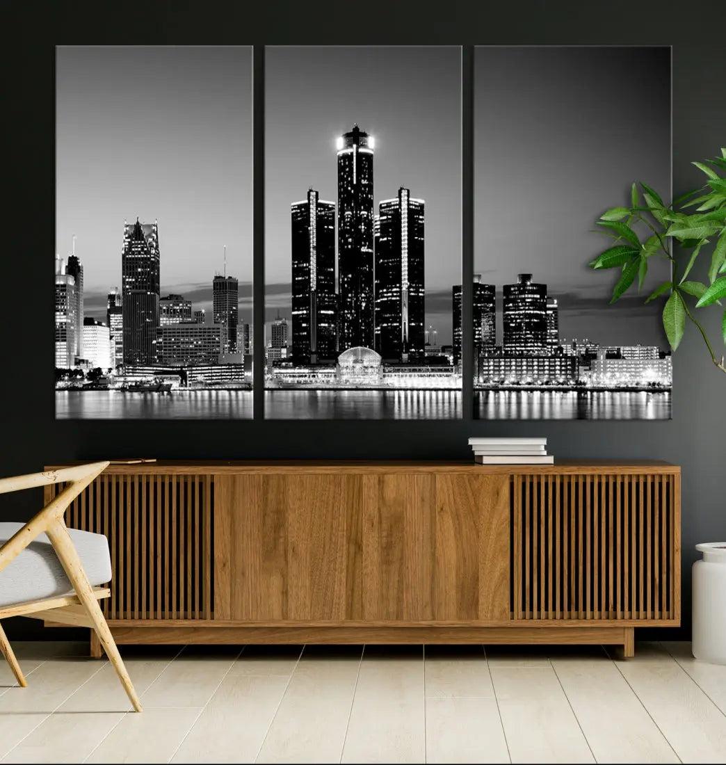 Extra Large Detroit Skyline Black and White Cityscape Wall Art Canvas Print