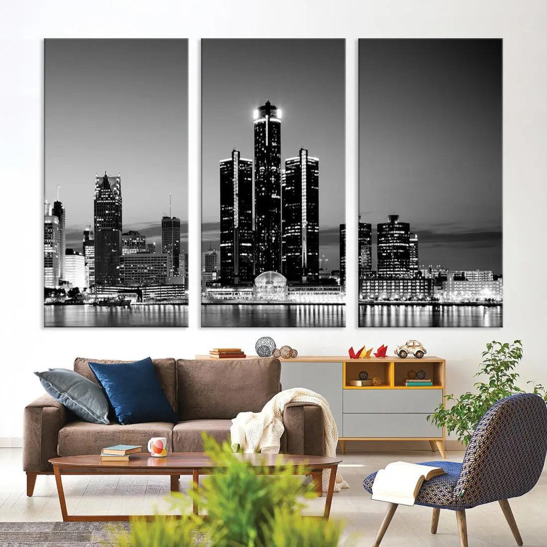 Extra Large Detroit Skyline Black and White Cityscape Wall Art Canvas Print