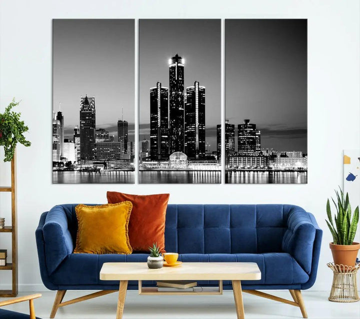 Extra Large Detroit Skyline Black and White Cityscape Wall Art Canvas Print