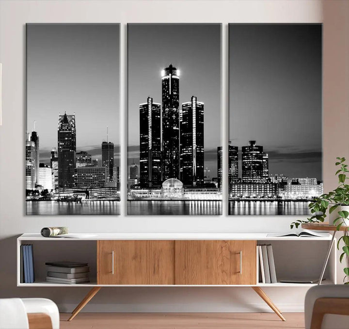 Extra Large Detroit Skyline Black and White Cityscape Wall Art Canvas Print