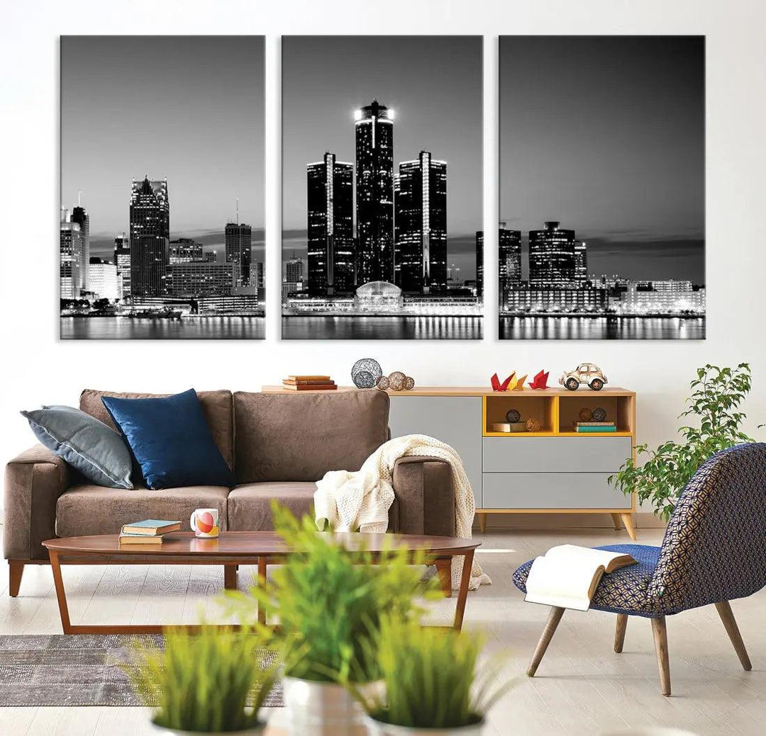 Extra Large Detroit Skyline Black and White Cityscape Wall Art Canvas Print