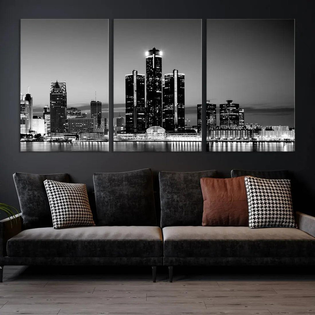 Extra Large Detroit Skyline Black and White Cityscape Wall Art Canvas Print