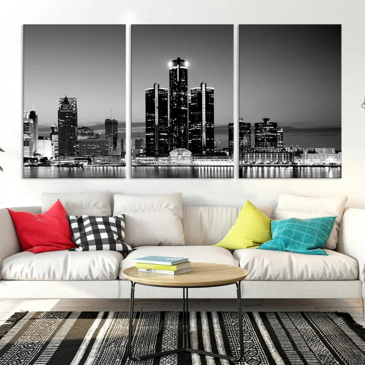 Extra Large Detroit Skyline Black and White Cityscape Wall Art Canvas Print